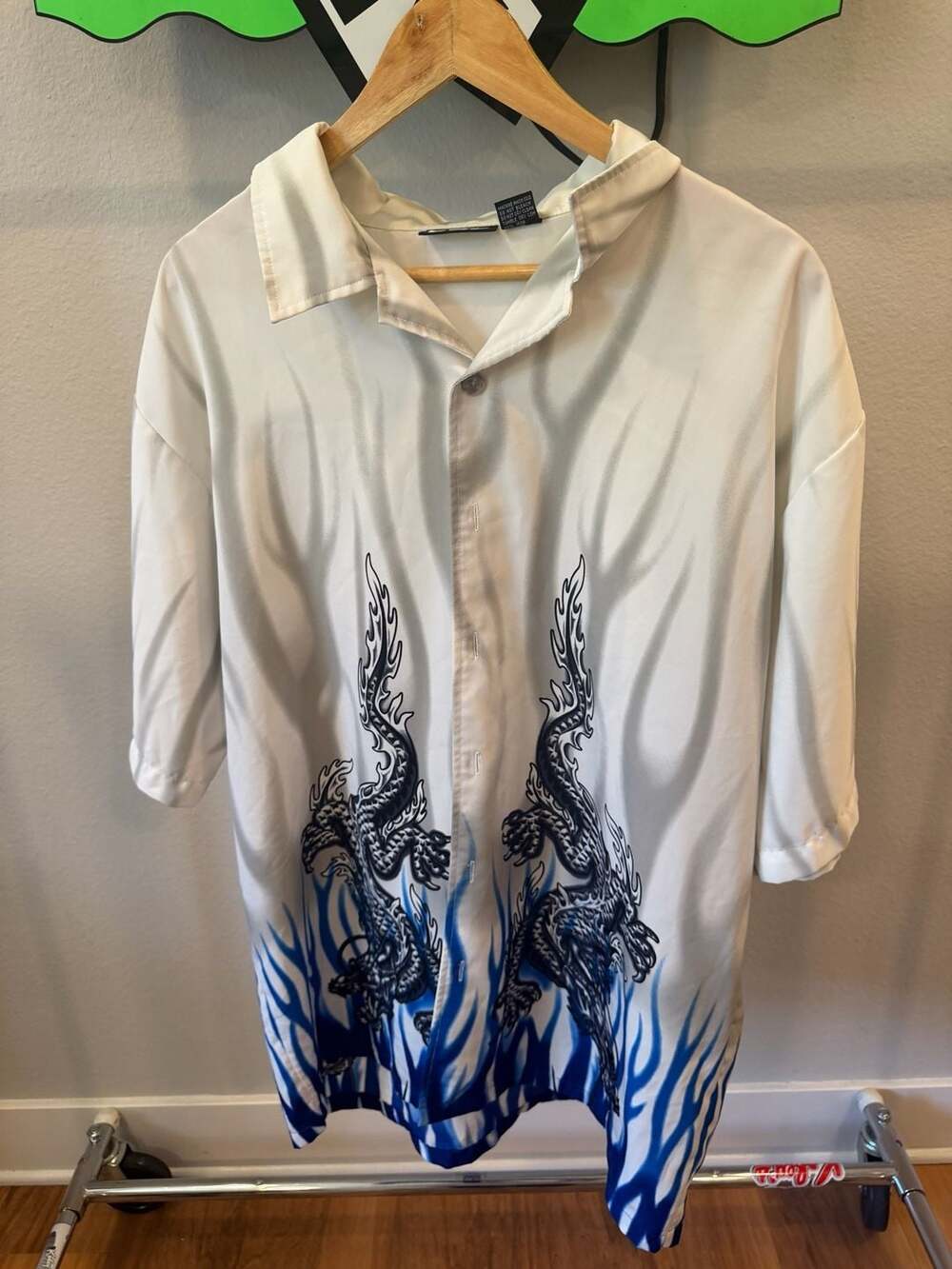 odo Y2K Vintage Dragon and Blue Flames Button-Down Shirt